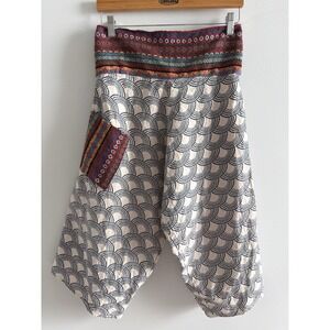Shop Therapy Imports Harem Pants Blue White Wave Print Woven Accent Boho Cropped